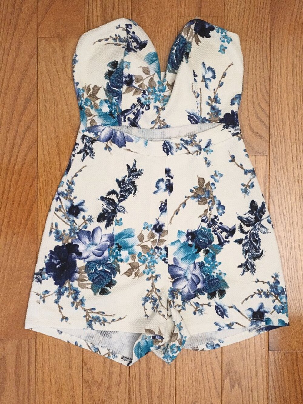 Fashion Nova Strapless Blue/White Floral Romper